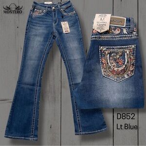Blue Boot Cut Jeans with Rhinestone Embellishments